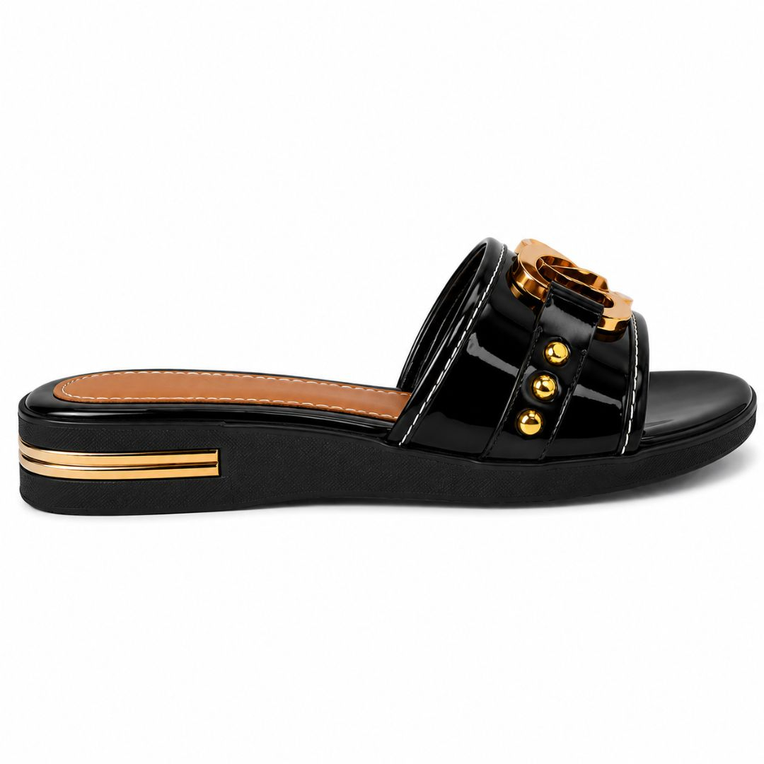 Womens Black Heeled Slippers with Gold Accent